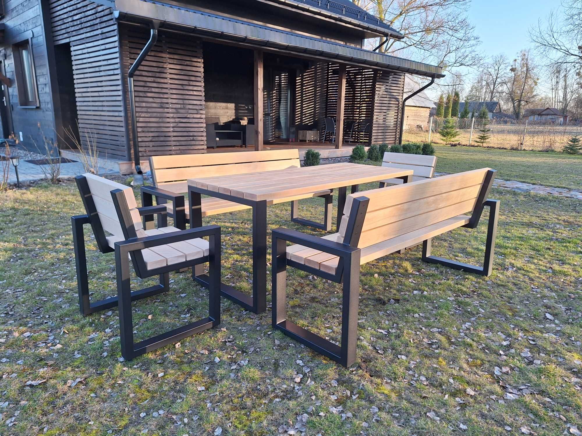 Drewniany Zestaw Ogrodowy Loft Metalowe Nogi Solidny Profil Deski BUK
