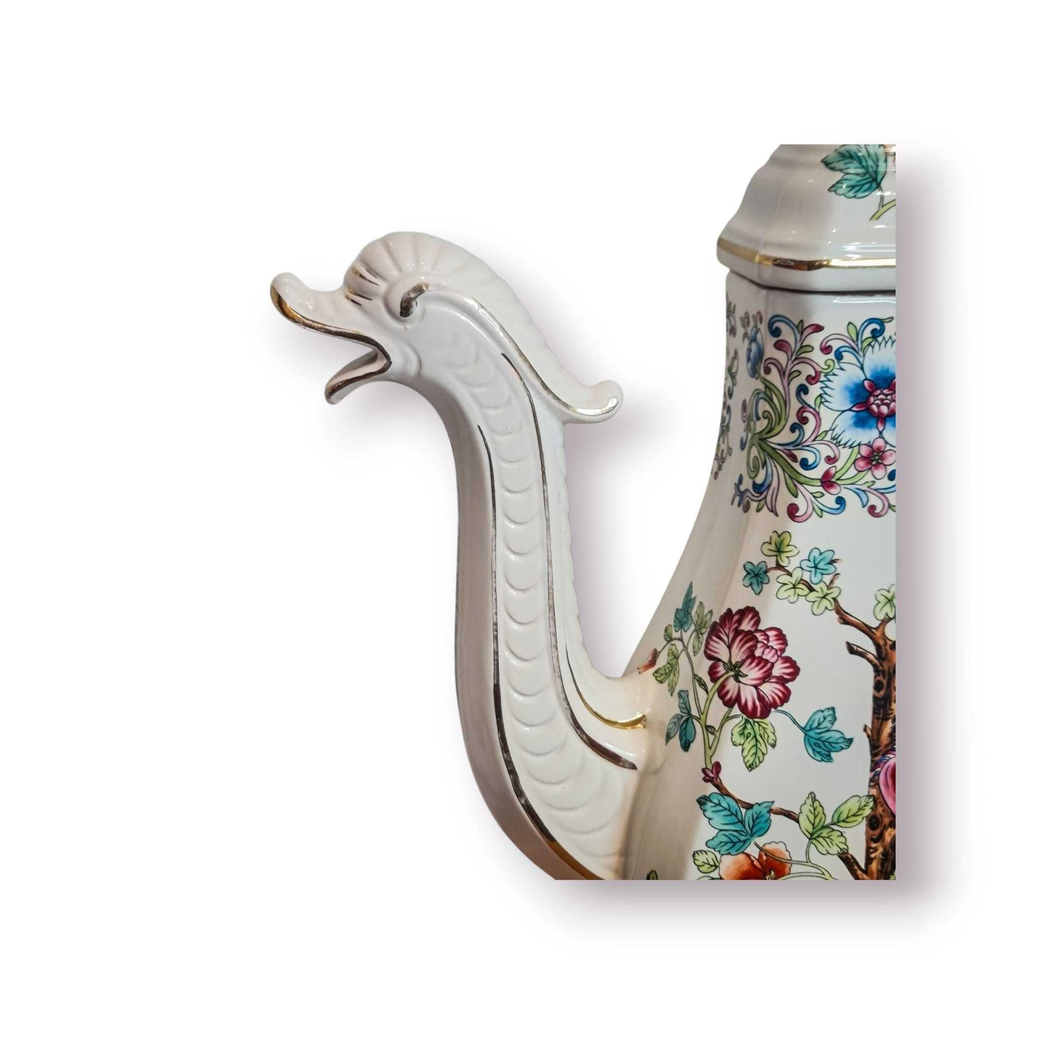 Bule Decorativo Oriental Porcelana Faisões e Caligrafia