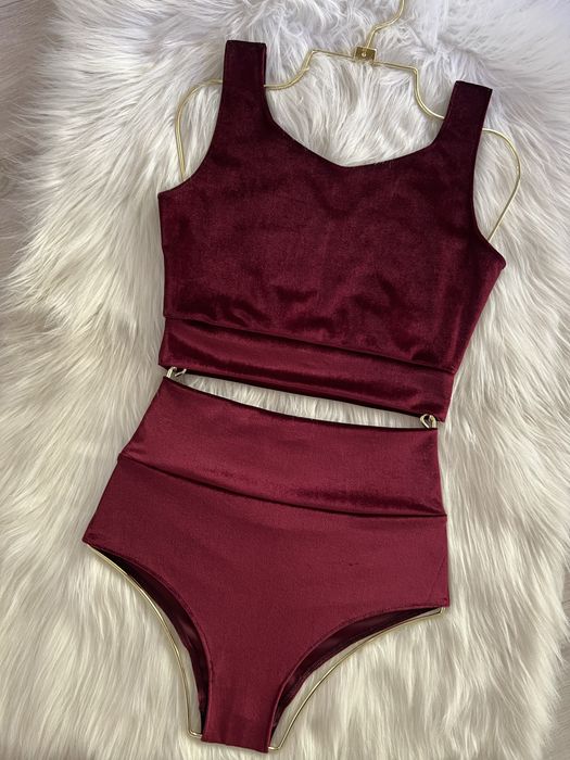 Komplet do tańca welurowy pole dance twerk exotic bordo burgund szorty