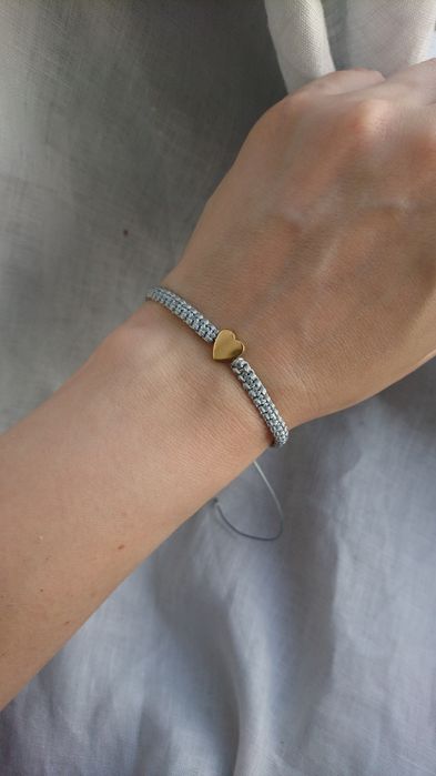 Bransoletka sznurkowa szara pleciona makrama Hematyt serce złote