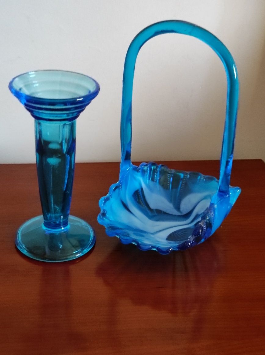 Conjunto vintage vidro azul turquesa castiçal e cesta decorativa