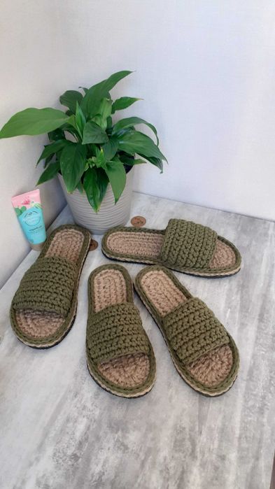 Вязані тапочки з джуту та трикотажу на ЕВА підошві в наявності.