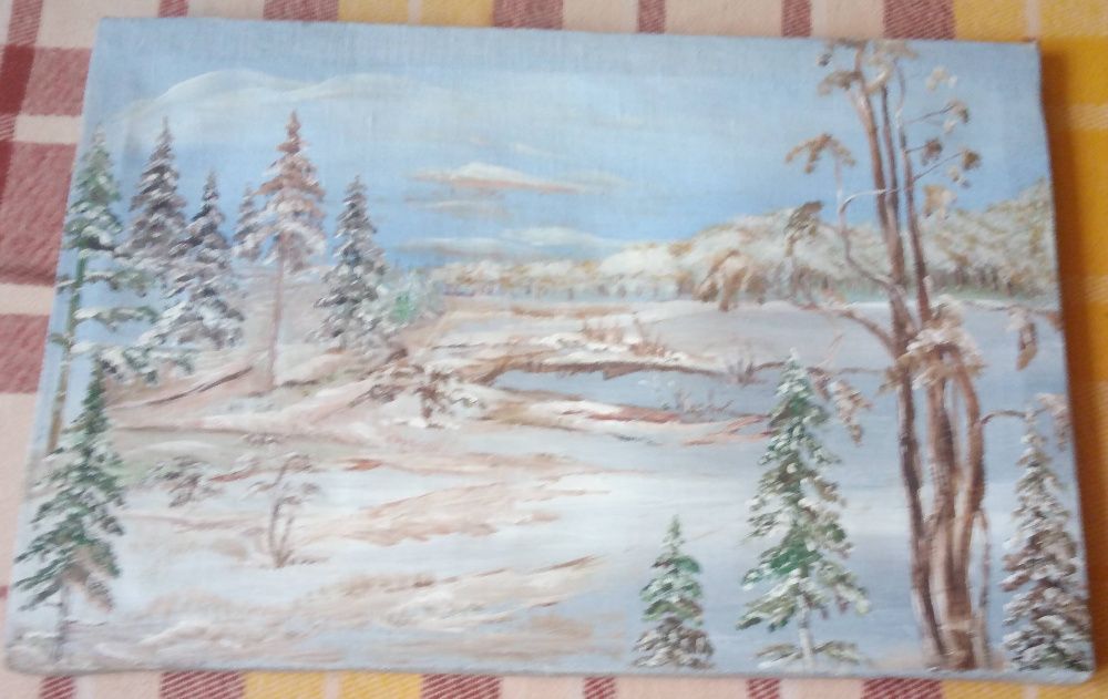 Stary obraz olejny na płótnie ze strychu -las zimą