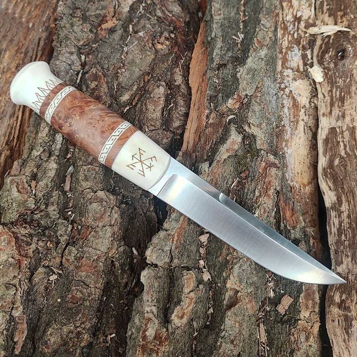 Нож финка "Пуукко", рог, N690, карельская береза