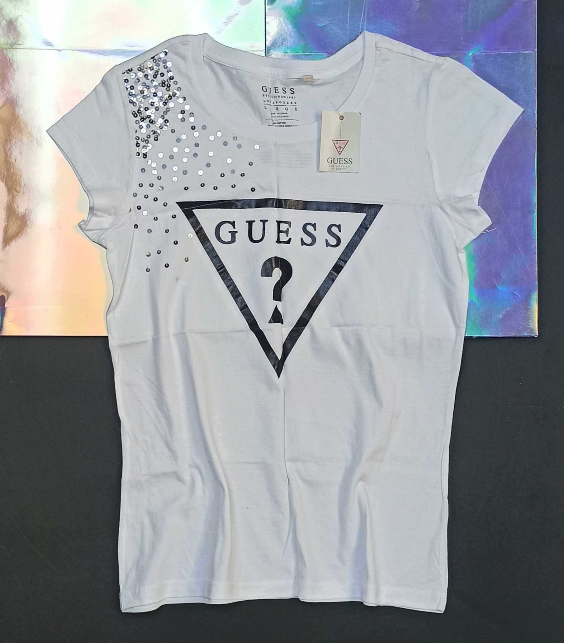 GUESS Oryginalna Koszulka T-Shirt Bluzka Sniezny Pyl Cekiny Confetti