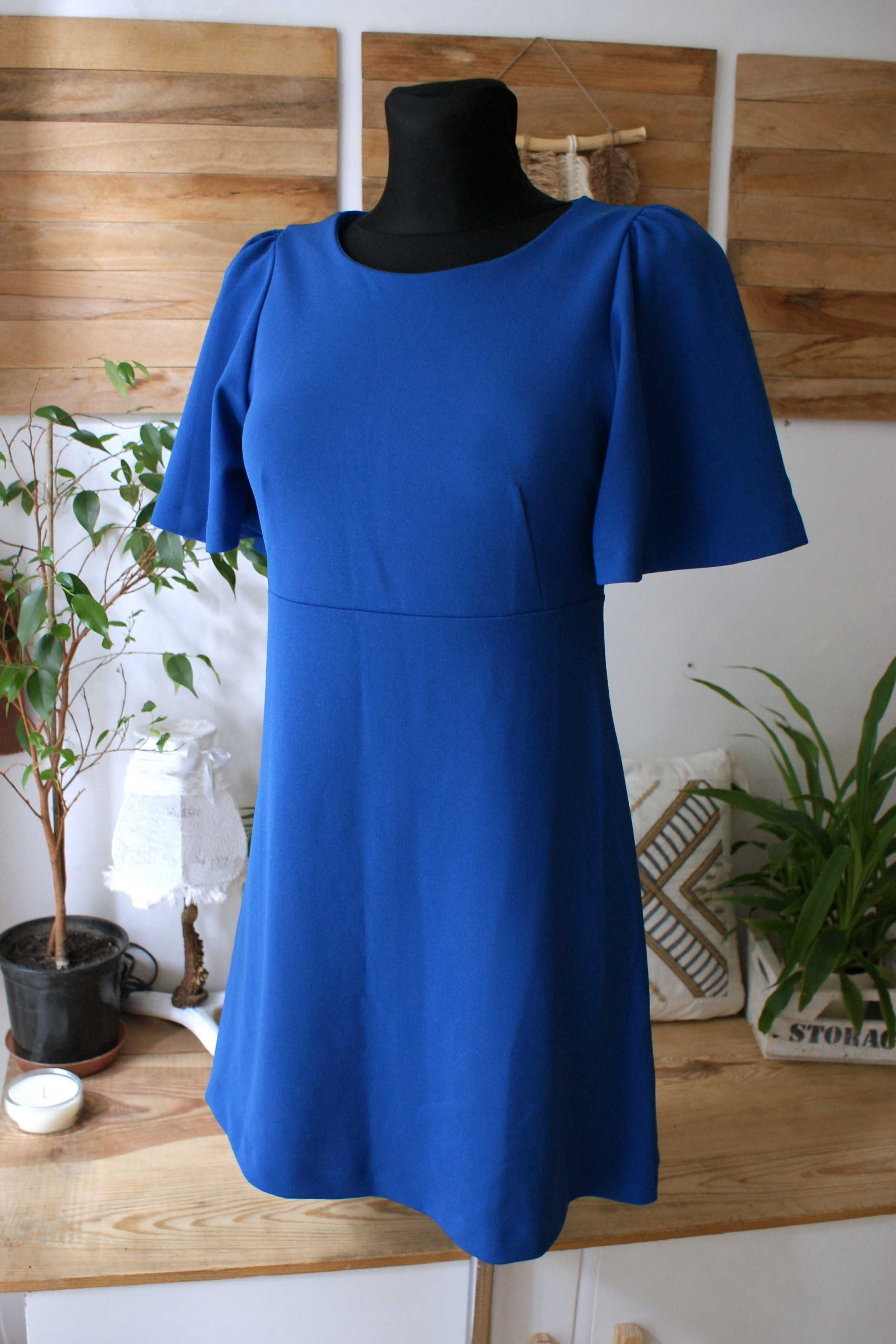 Reserved Kobaltowa niebieska sukienka szerokie rekawy Trapezowa S