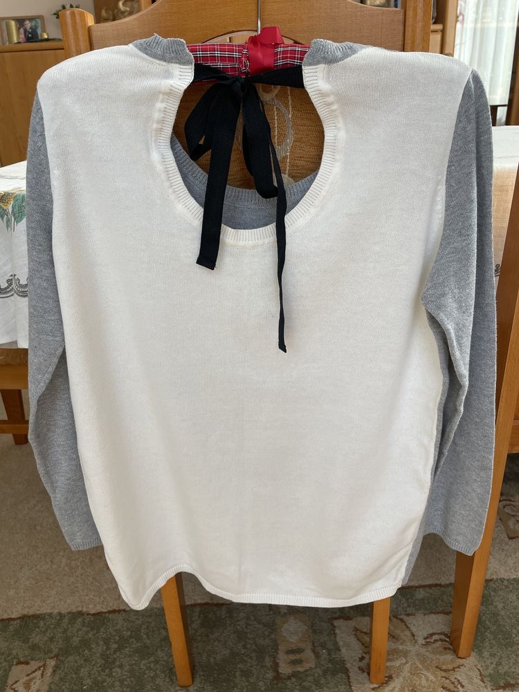 Terranova  sweter szaro biały z wiązaniem z tyłu