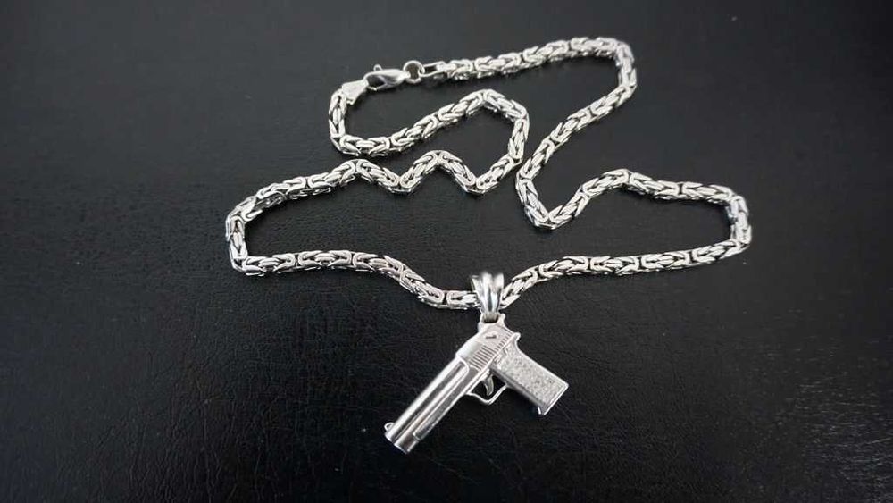 Złoty Komplet Łańcuszek i Pistolet 83 Gram - Białe Złoto