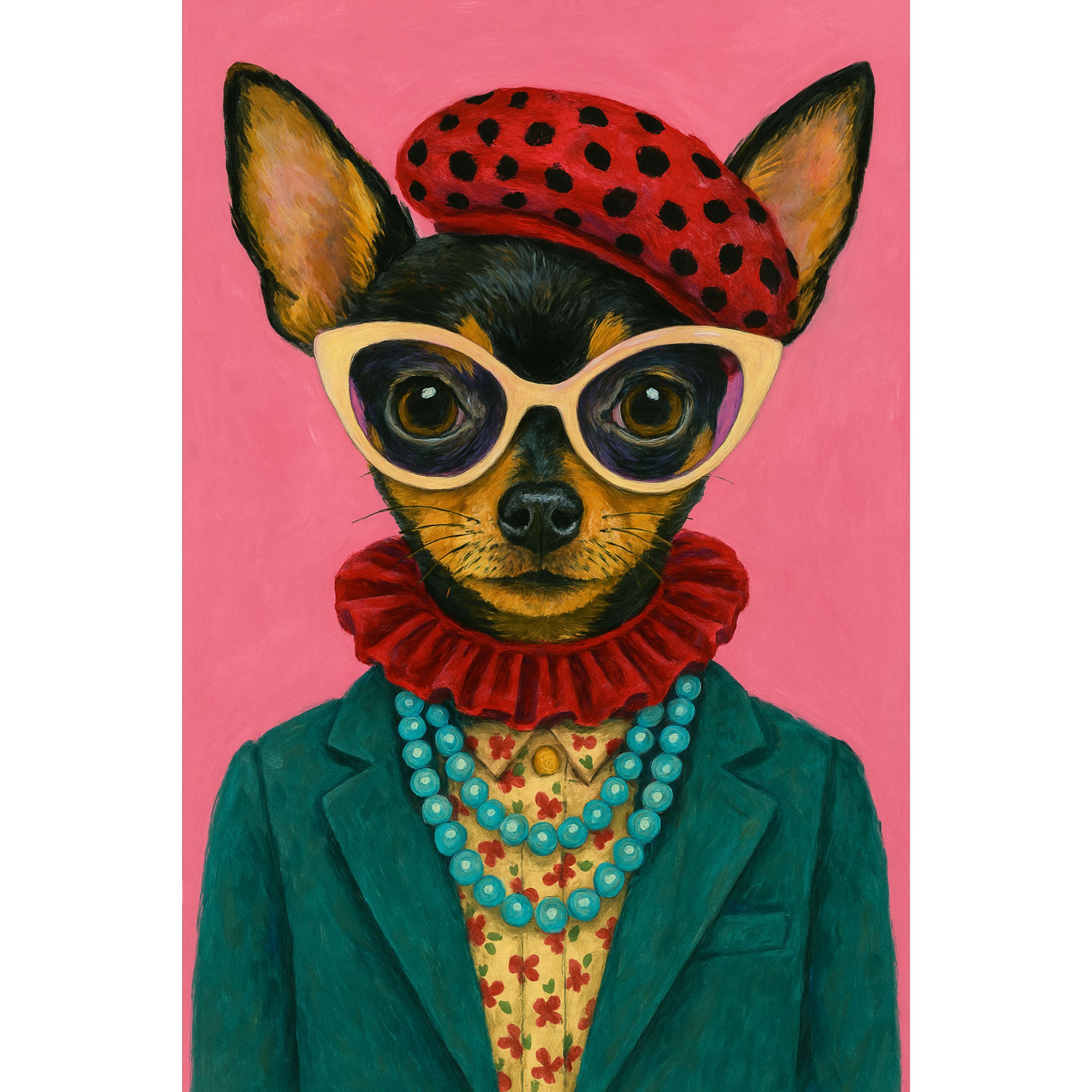 Plakat 50x70 pies chihuahua w okularach – śmieszna Pop Art do salonu