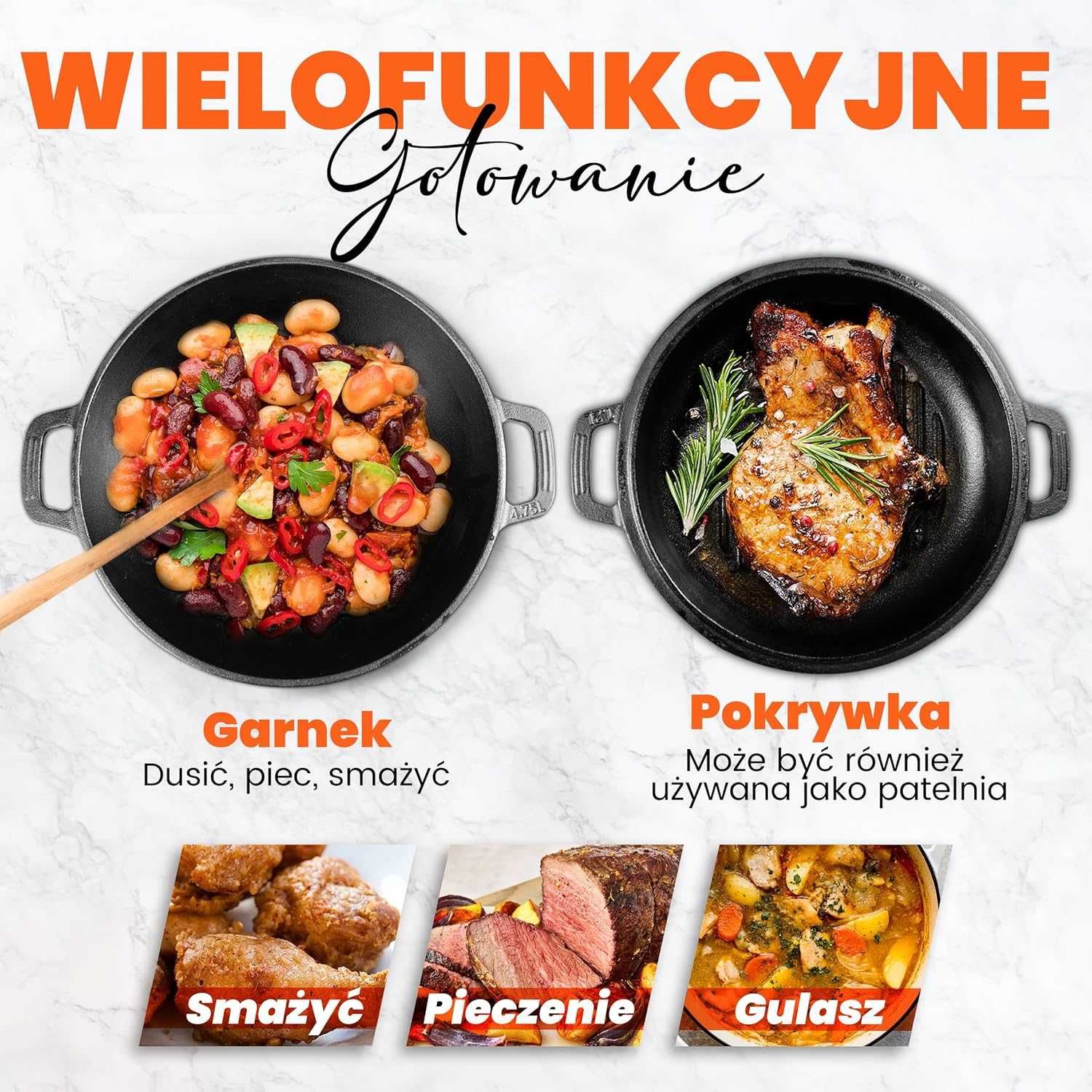 Żeliwny GARNEK HOLENDERSKI z pokrywką WIELOFUNKCYJNY 2w1 patelnia gril