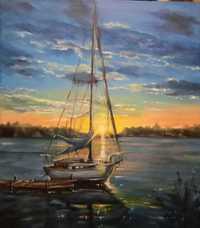 Яхта, море, рассвет,закат, картина масляными красками на холсте