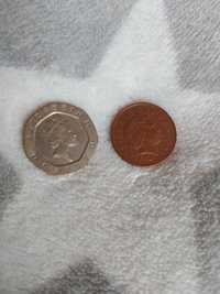 Монеты 20 пенсов и 1 пенс.  Англия.