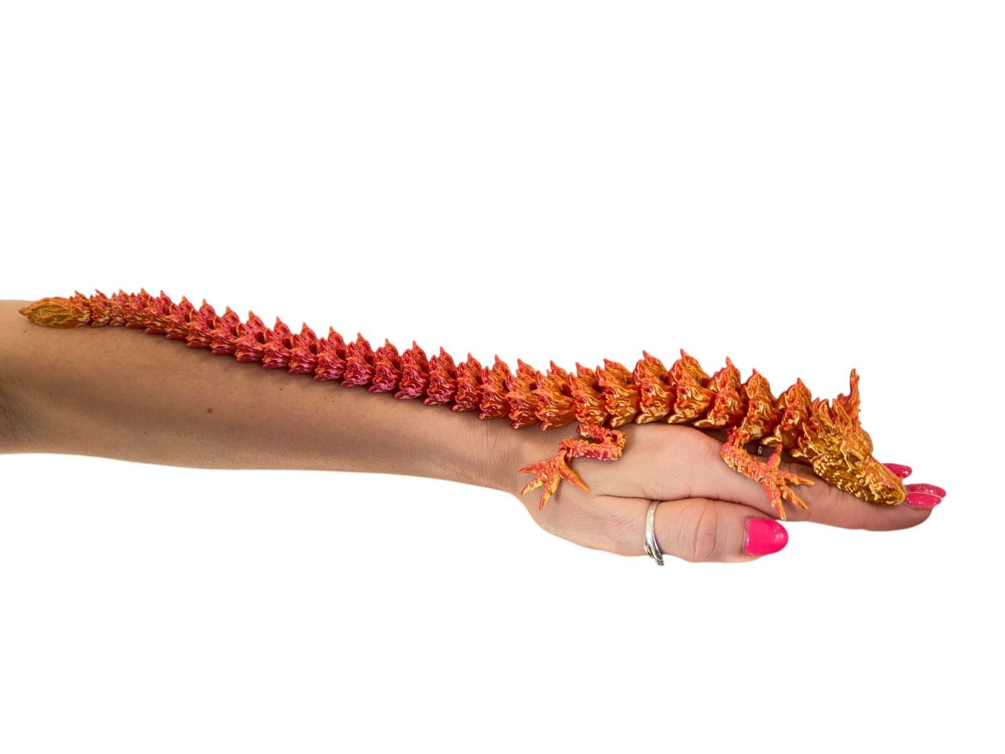 Ognisty Smok, Fire Dragon przegubowy, druk 3D różowo-żółty, ruchomy