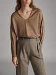Massimo dutti wielbladzi sweter welna lyocell jedwab szpic serek braz