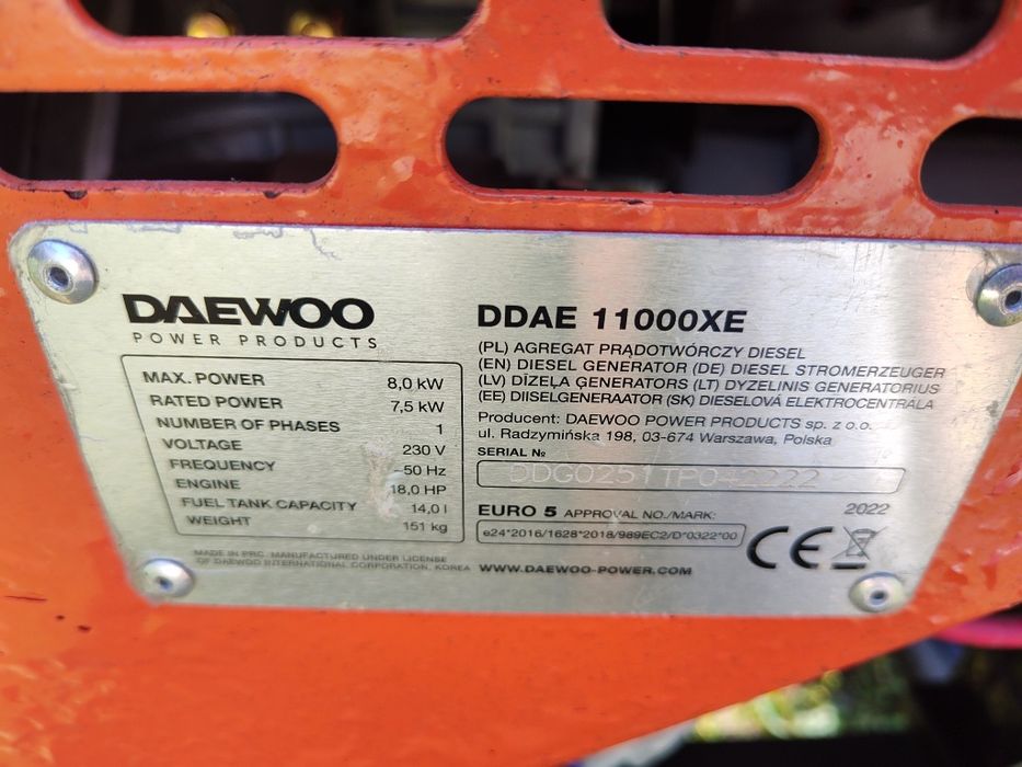 Agregat prądotwórczy daewoo 11000xe diesel jednofazowy