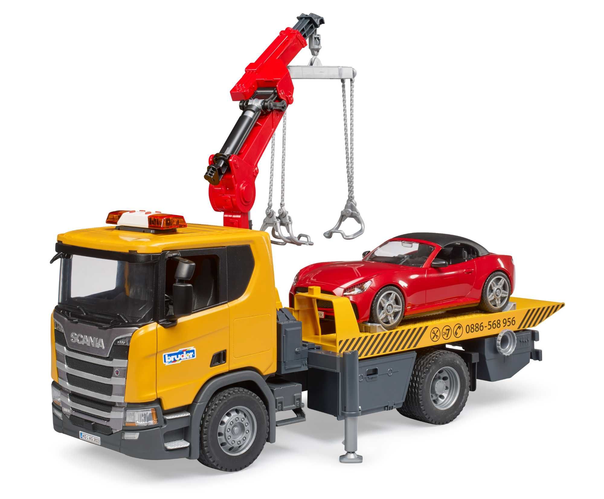 Евакуатор Bruder Scania Super 560R з краном та машинкою Roadster,03552