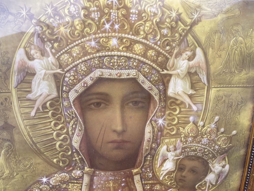 Stary obraz religijny Matka Boska Częstochowska Pan Jezus Święty rama