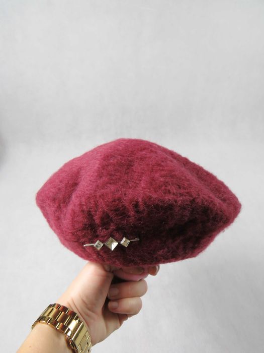 moherowy beret 57-58 burgundowy wełniany beret