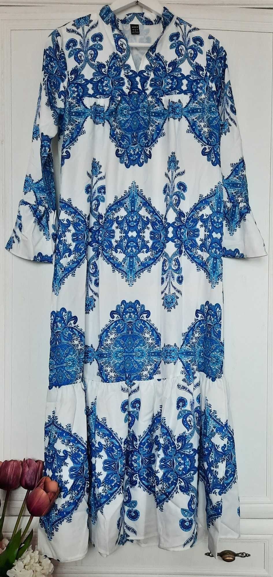 Shein nowa urocza boho wzór grecki midi sukienka biała niebieska S