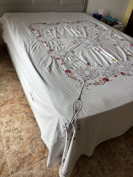 Colcha de cama de casal 220 5 × 260 com ponto cruz e croché
