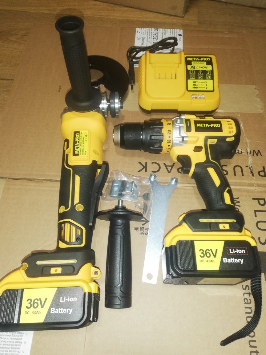 Szlifierka Akumulatorowa Wkrętarka z Udarem Zestaw Meta-Pro 2xAKU 36V