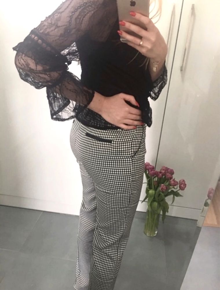 Elegancie spodnie w kant czarno białe w kratkę XS 34