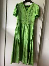 sukienka zielona wiskoza, wstawka z koronki, rozmiar M