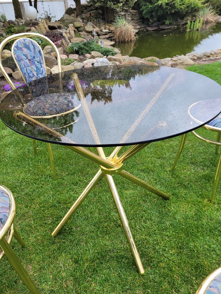 Komplet czterech krzeseł i stolika metal szkło vintage