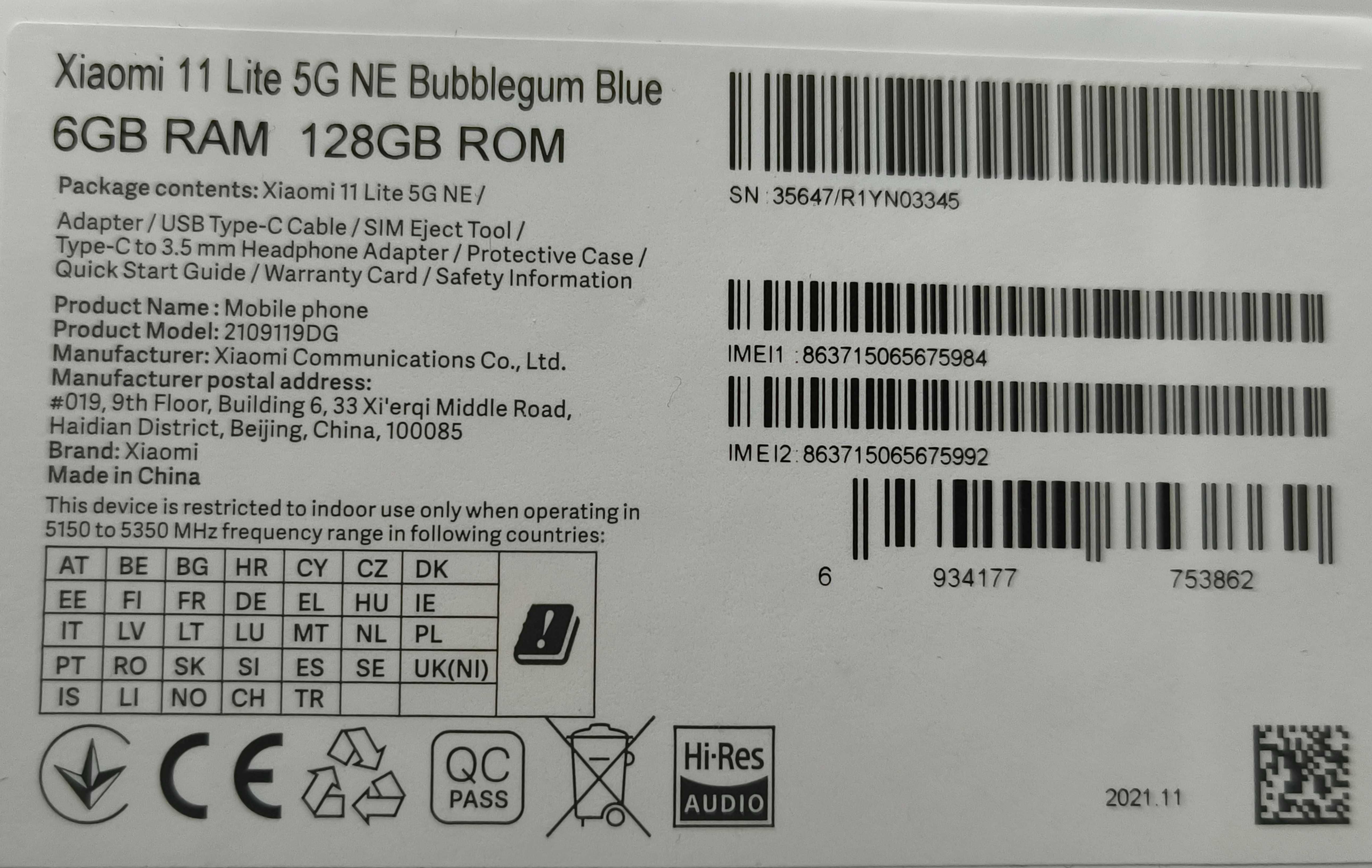Xiaomi 11 Lite 5g NE 6/128GB