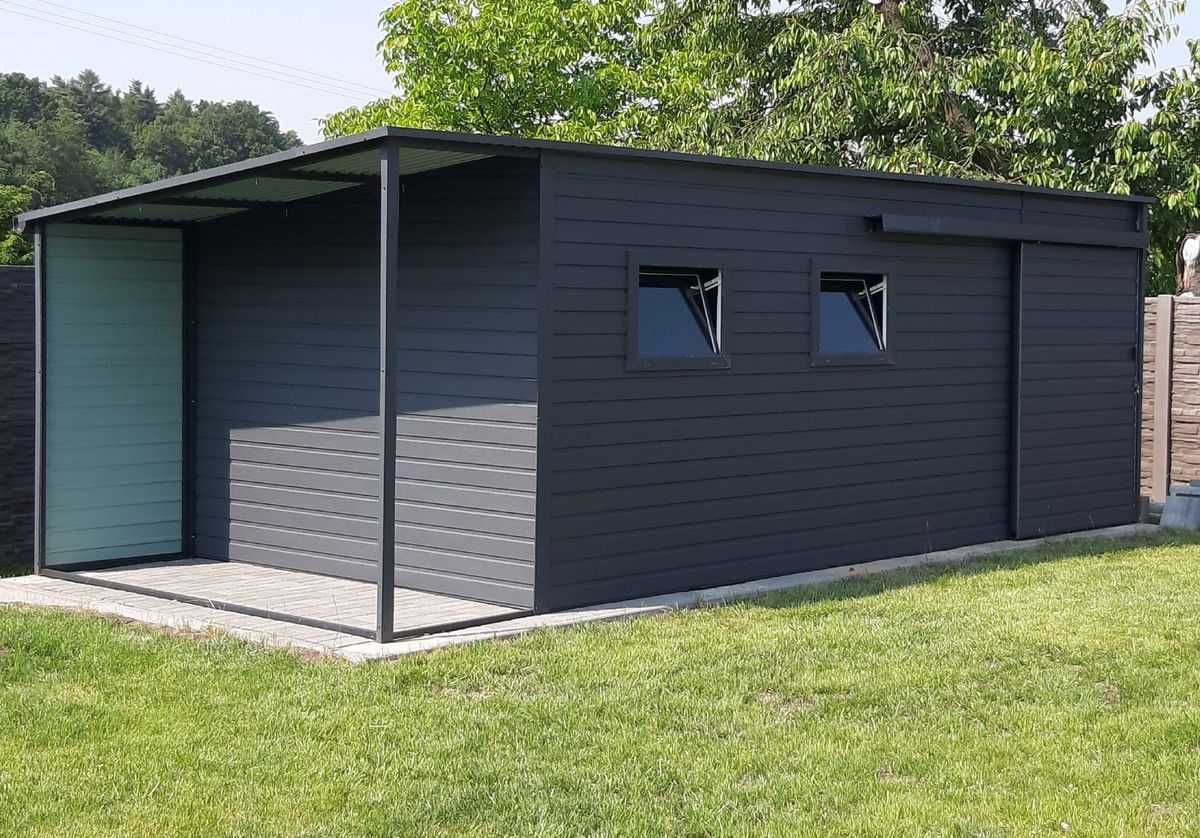 Domek ogrodowy 6×3m + zadaszenie 1×3 m – ciemny grafit matowy