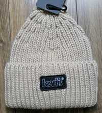 czapka beanie Levi's zimowa prążkowana logo kremowa 47% wełna NOWA