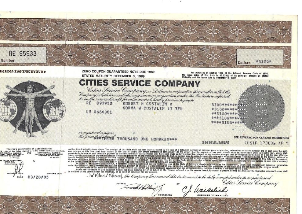 Bonds Shares Ações Cities Service Company CITGO 1985 USA