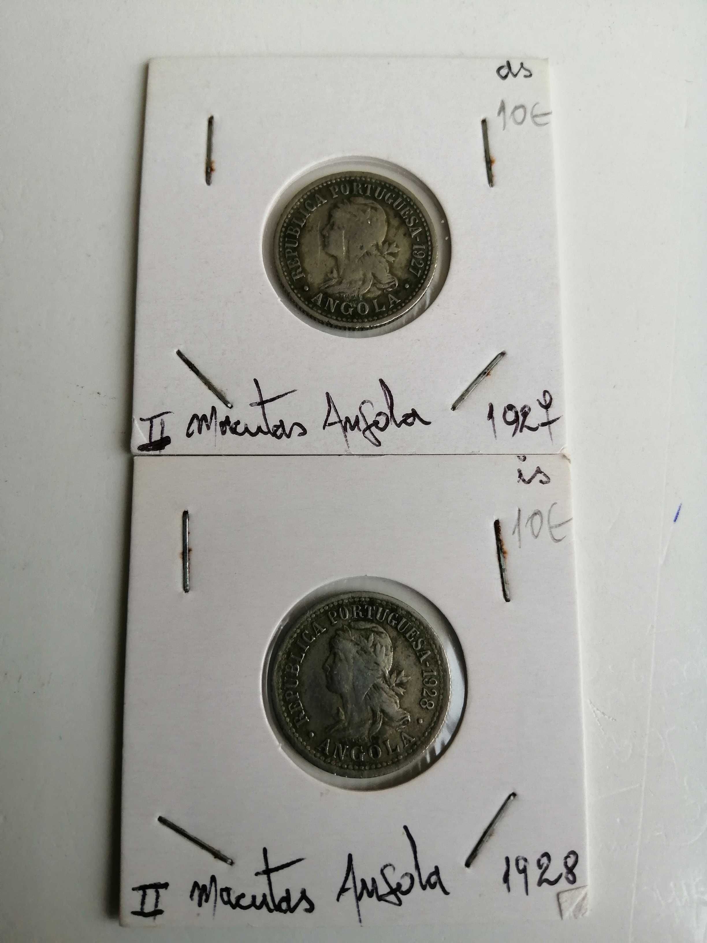 Moedas de l, ll, e llll macutas de Angola 1927 e 1928.