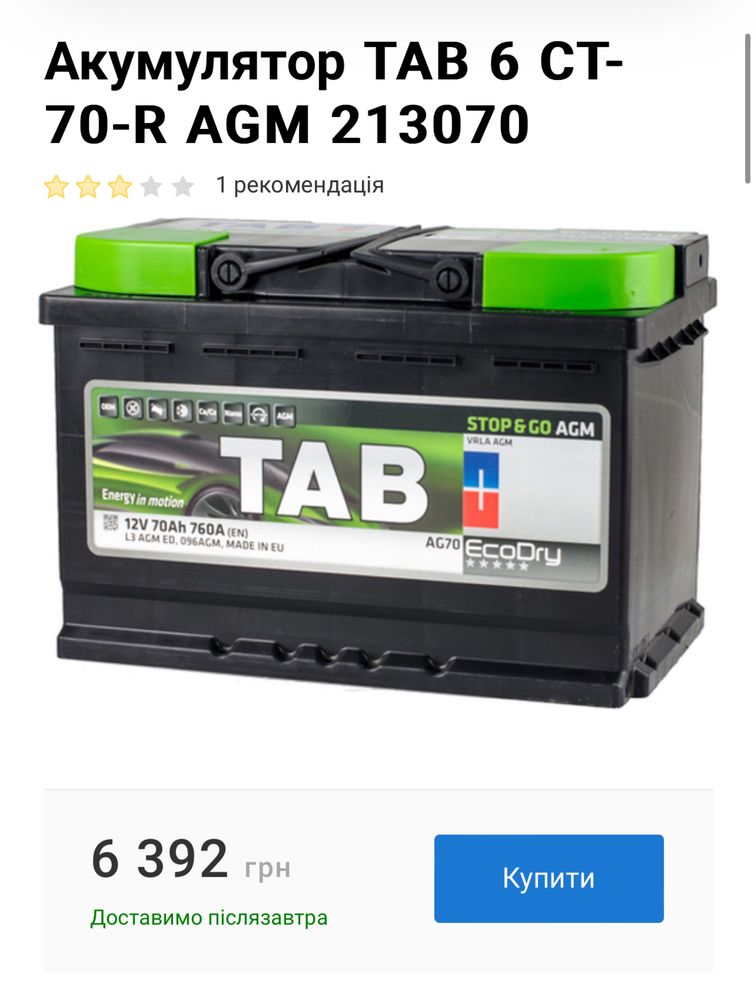 Продам акумулятор TAB 70Ah AGM