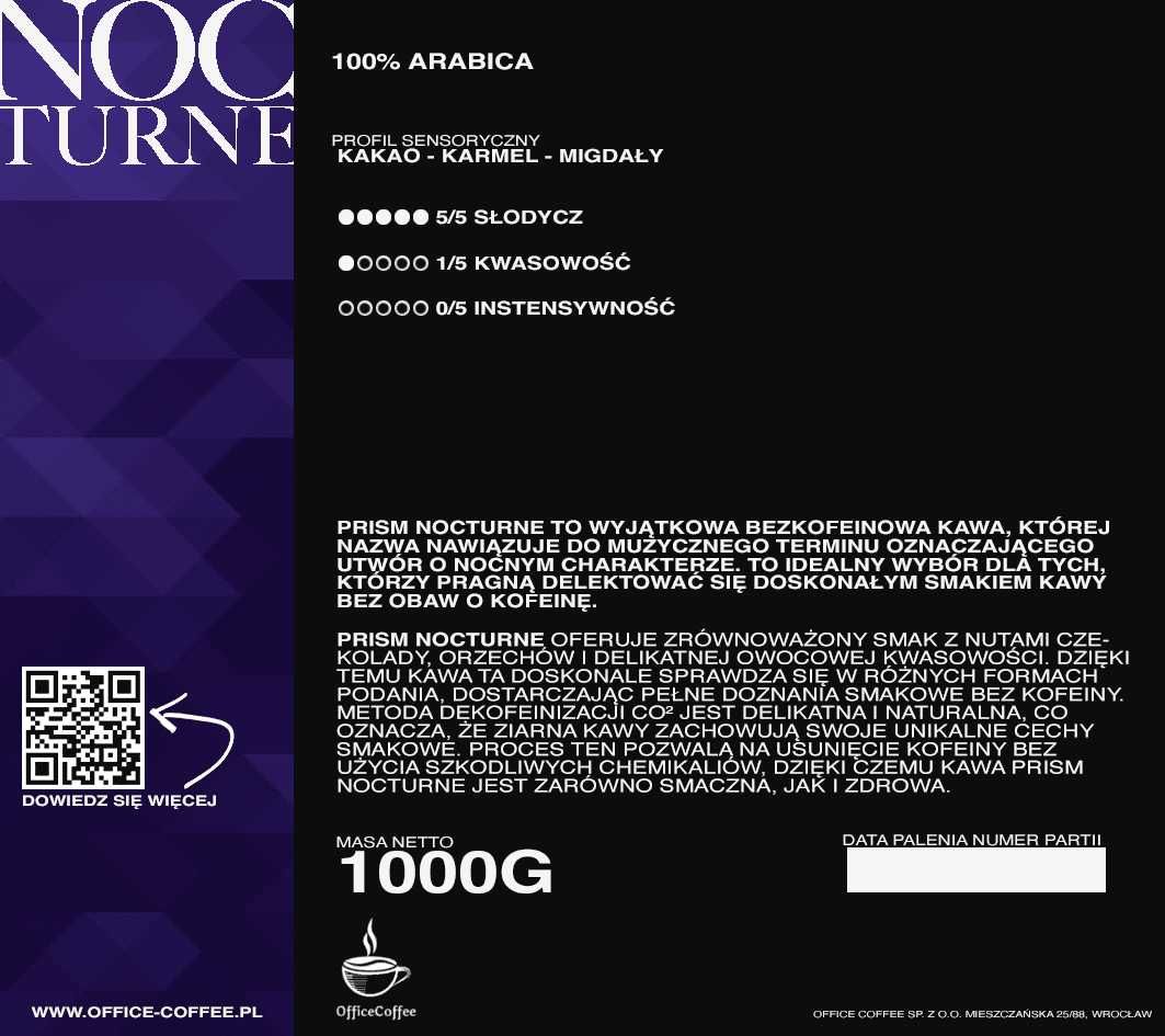 Kawa bezkofeinowa PRISM Nocturne 100% Arabica | 1kg | Honduras PREMIUM