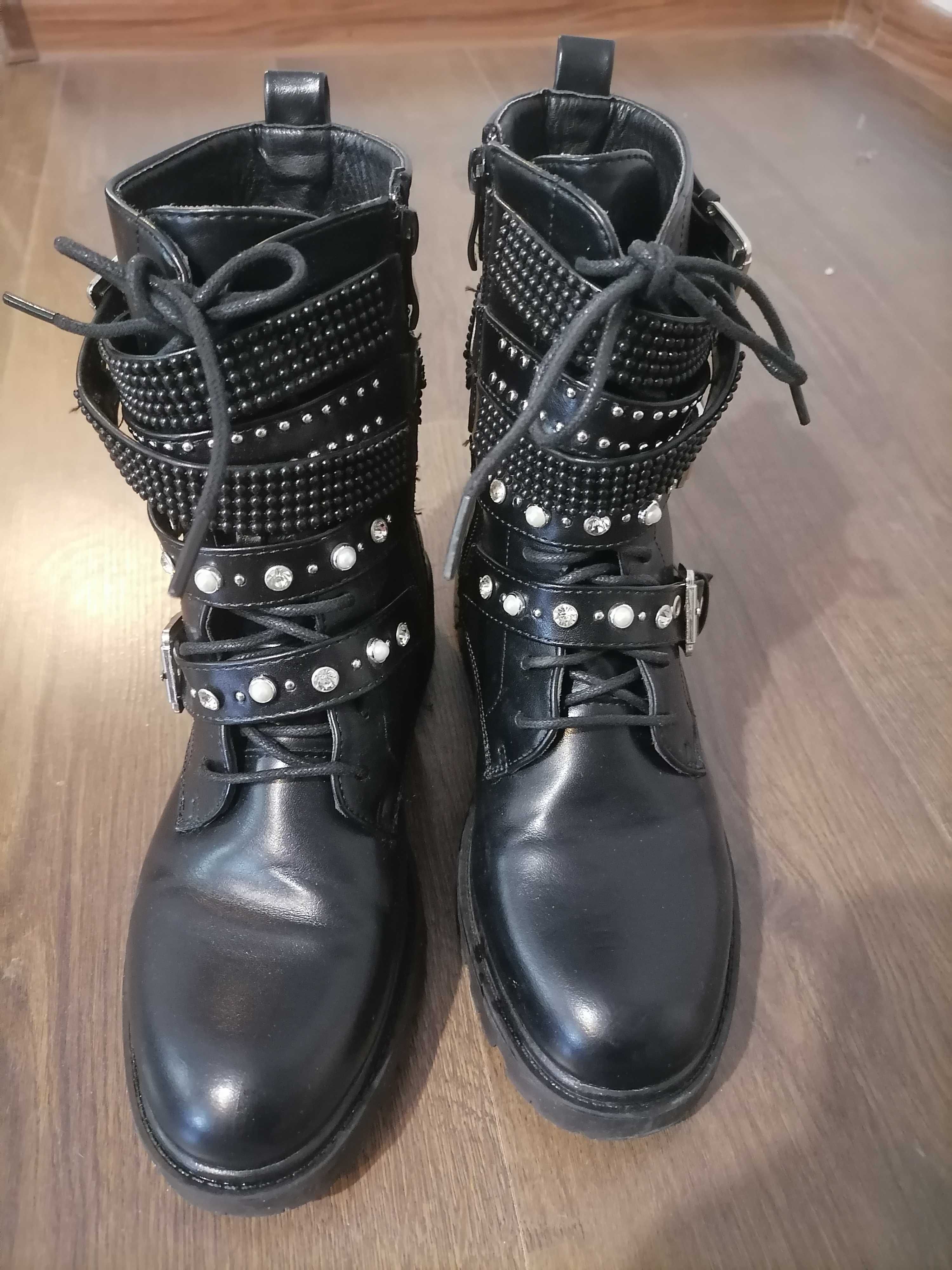Botki workery sztyblety cyrkoniami koraliki 38 jak nowe