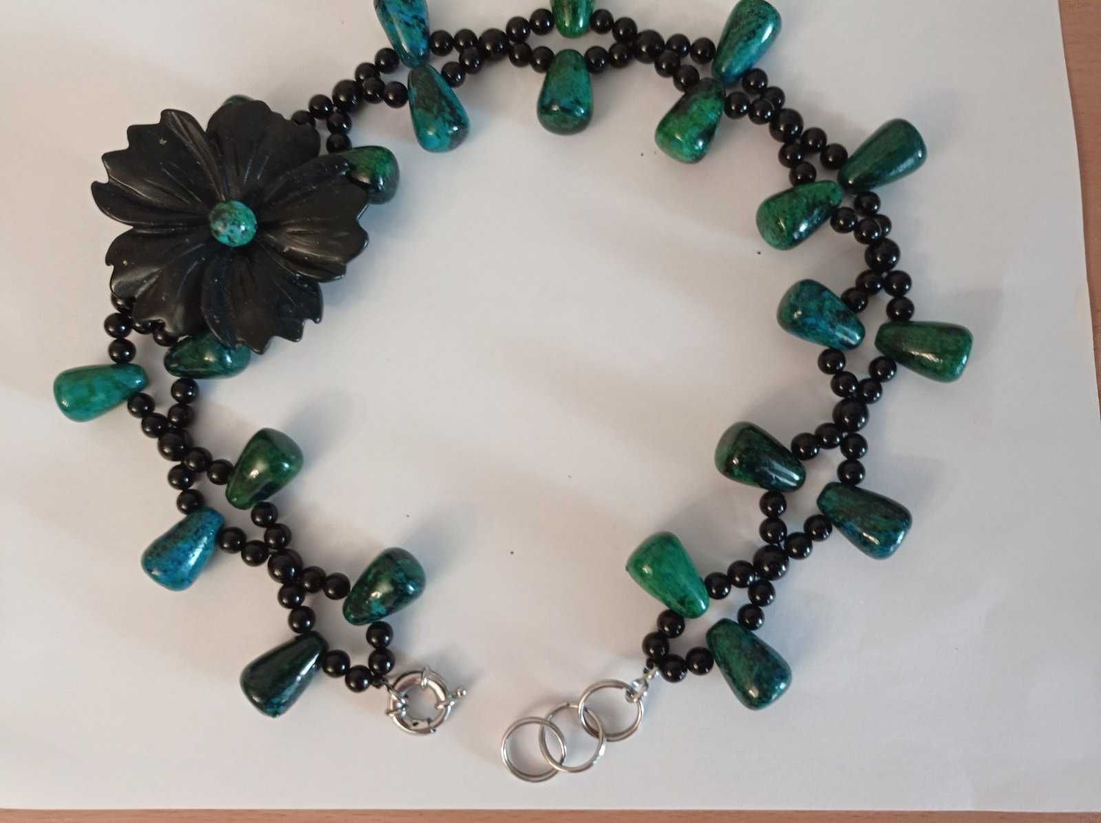Колье-ожерелье, красивое, хризоколла, черный агат