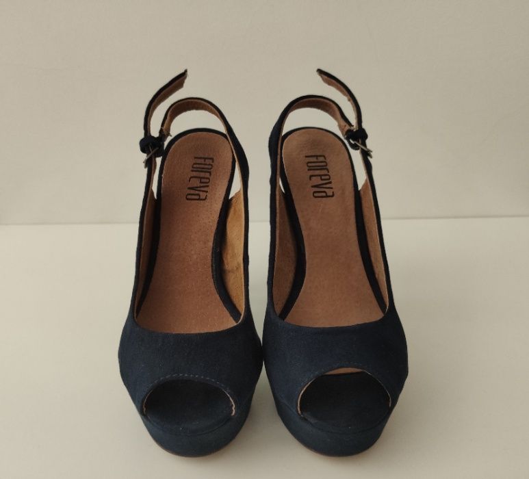 Sandálias Peep Toe, Camurça, Navy, Foreva, Tamanho 35