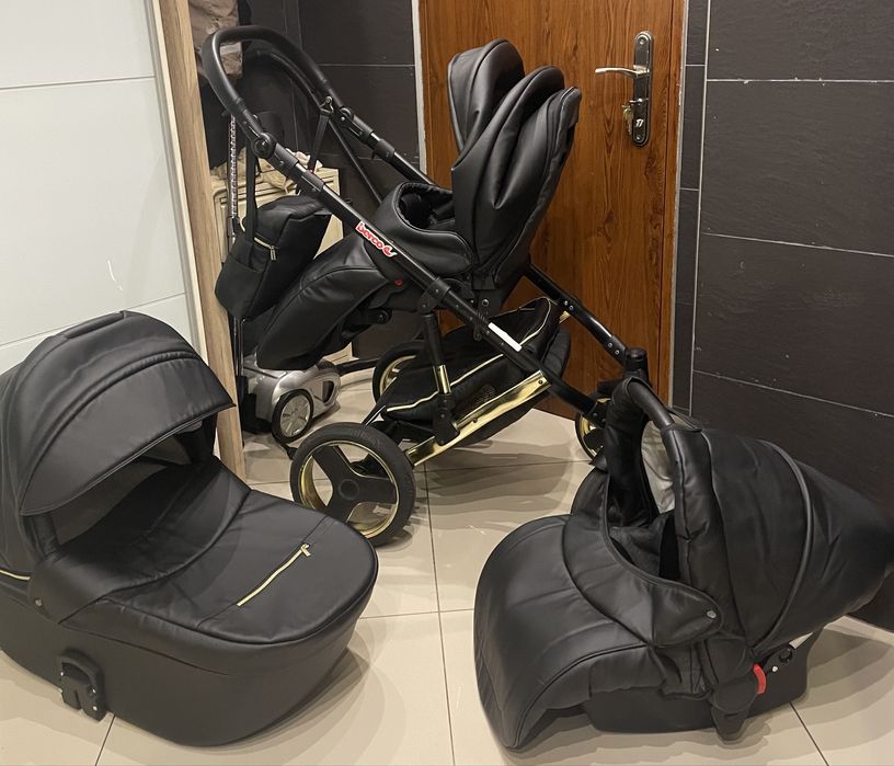 Wozek ekoskórą 4w1 Berco gold premium retro fotelik + baza isofix