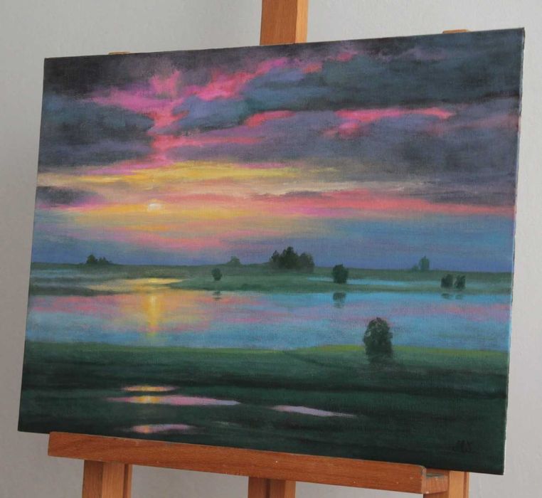 Obraz olejny morze zachód statki pejzaż 40x30 cm