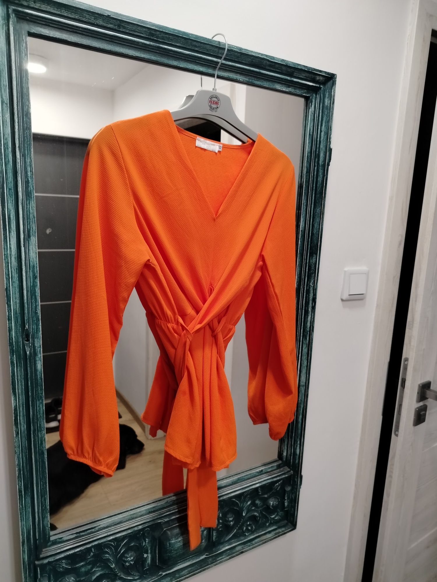Elegancka pomarańczowa wiązana bluzka XS długi rękaw