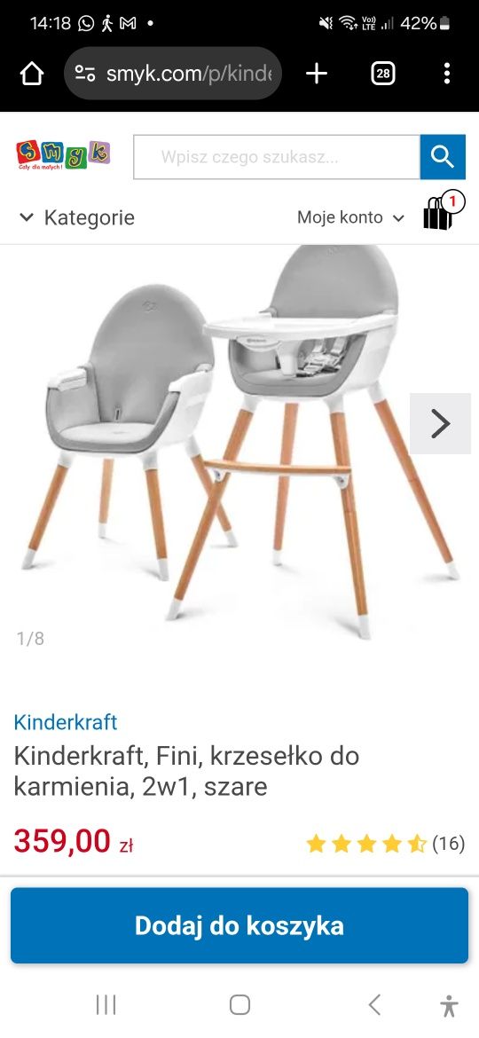 Krzesełko fotelik do karmienia Kinderkraft Fini plus Gratisy!!