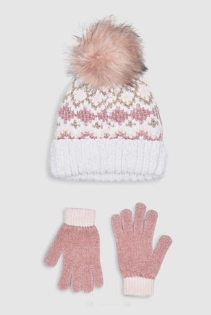 Шапка зимняя на девочку некст с бубоном перчатки next белая с розовым