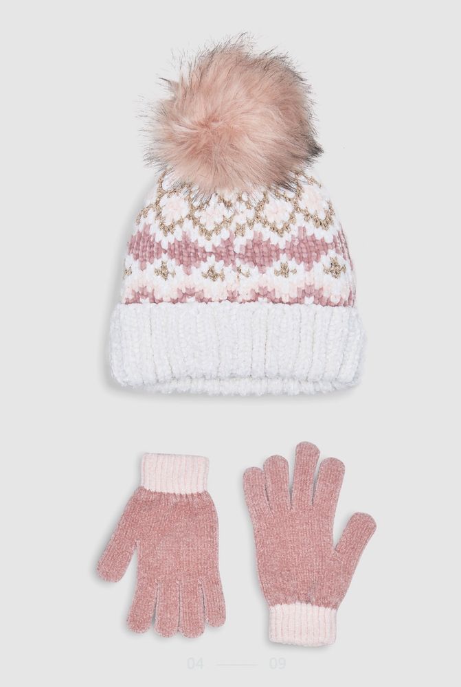 Шапка зимняя на девочку некст с бубоном перчатки next белая с розовым