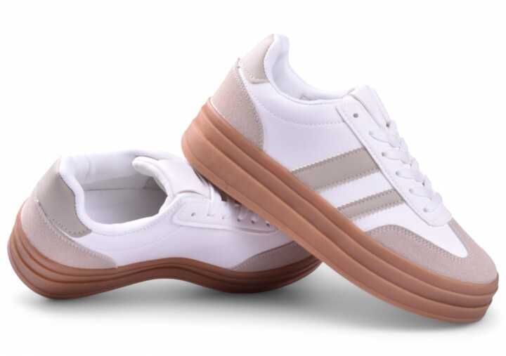 Buty Damskie Sportowe Sneakersy na platformie Gazelee biało-beżowe -36