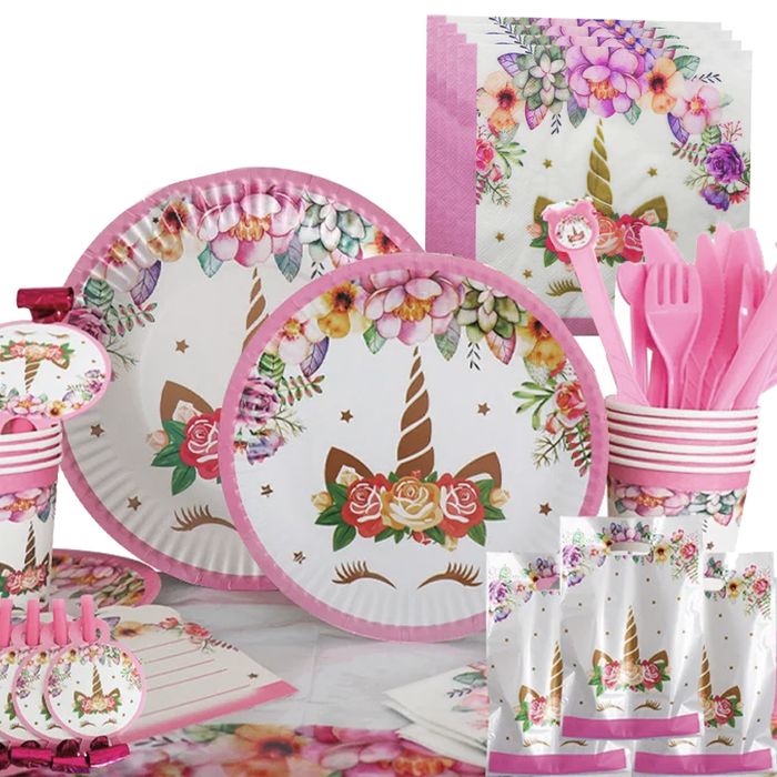 ZESTAW naczyń JEDNOROŻEC 2 Urodziny Kubki Talerze Serwety Słomki 81szt