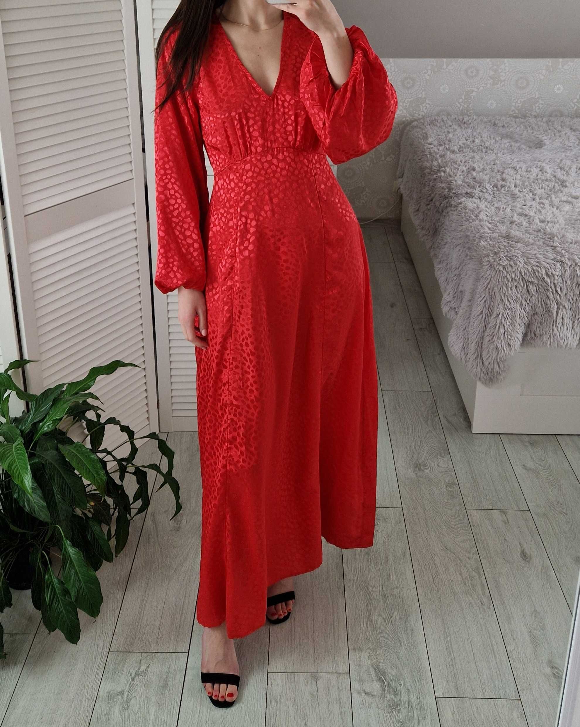 Asos czerwona satynowa sukienka midi maxi z długim rękawem wesele XS S