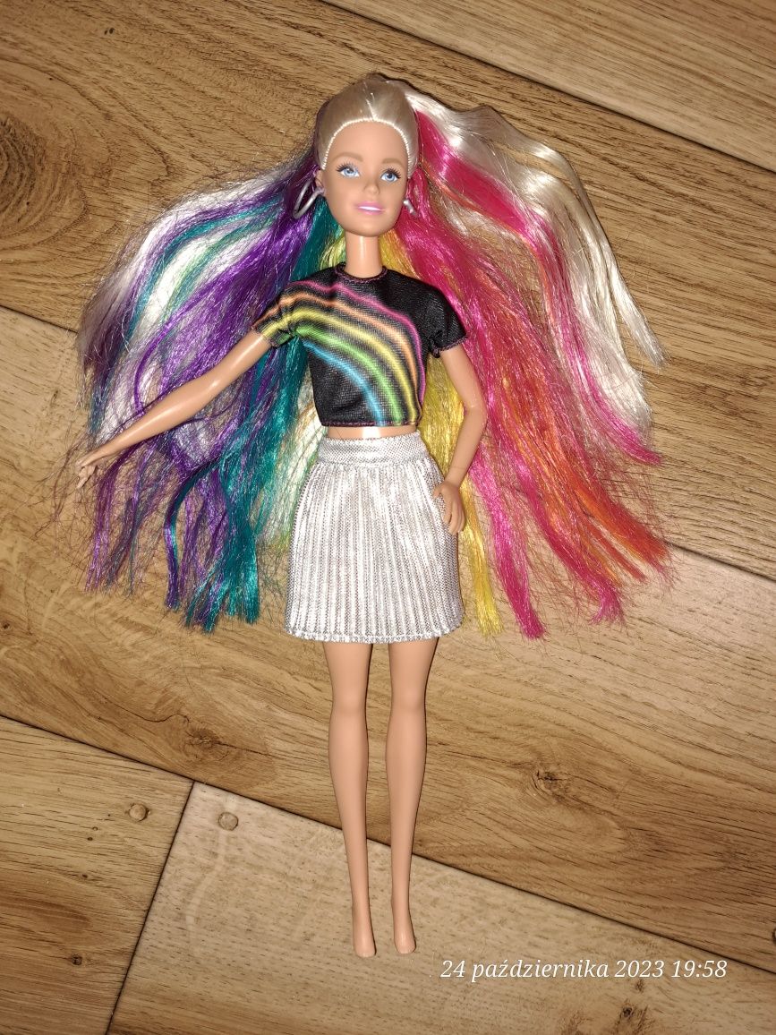 Lalka Barbie Teczowe błyszczące wlosy