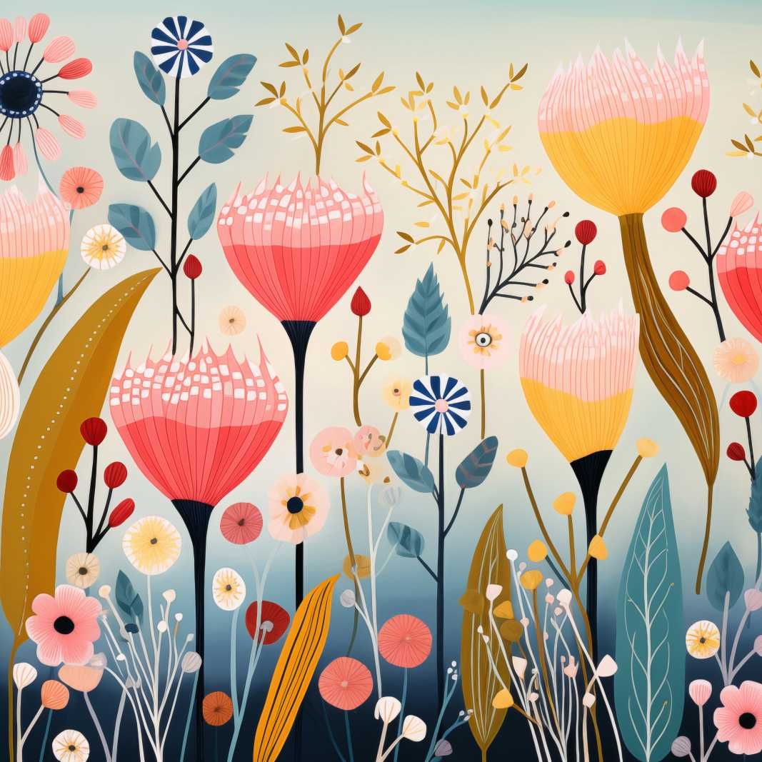 Plakat 50x50cm Ogród Marzeń | Kwiaty Łąka Mak Boho Botanika Natura