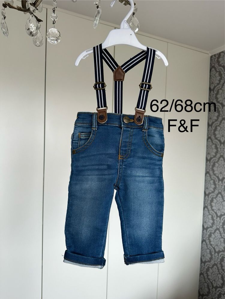 Spodnie jeans miękkie na szelki 62 68cm F&F Tesco